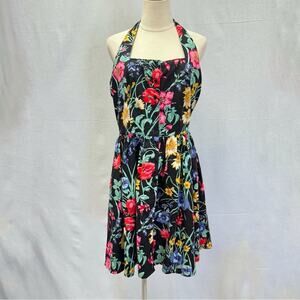 Together Vintage 90s Black Floral Sleeveless Halter Sundress Knee Length Size 14